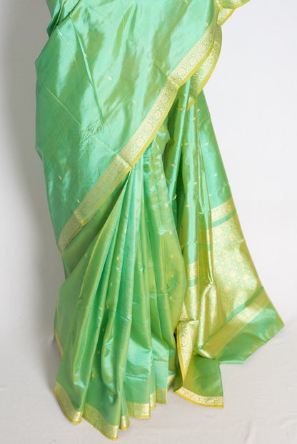 Shukti: Green and Gold Lightweight Katan Banarasi Silk Saree image 5