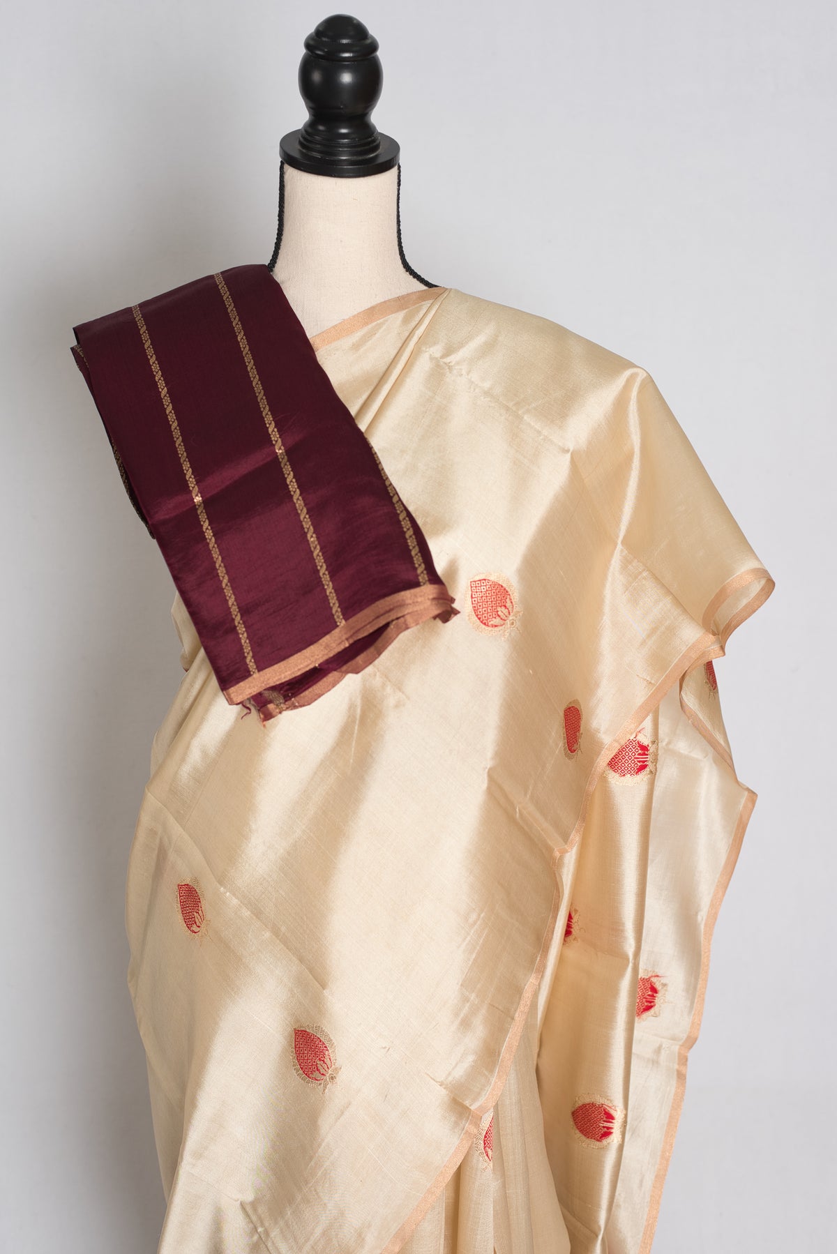 Cream and Red Banarasi saree — drape view