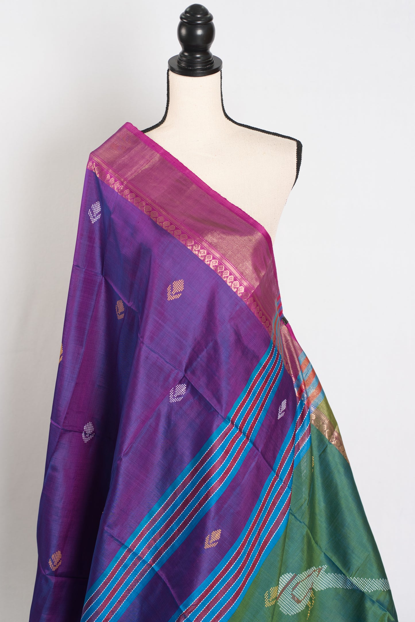 Bani : Lightweight Bishnupur Katan Silk Saree in Purple and Green image 4