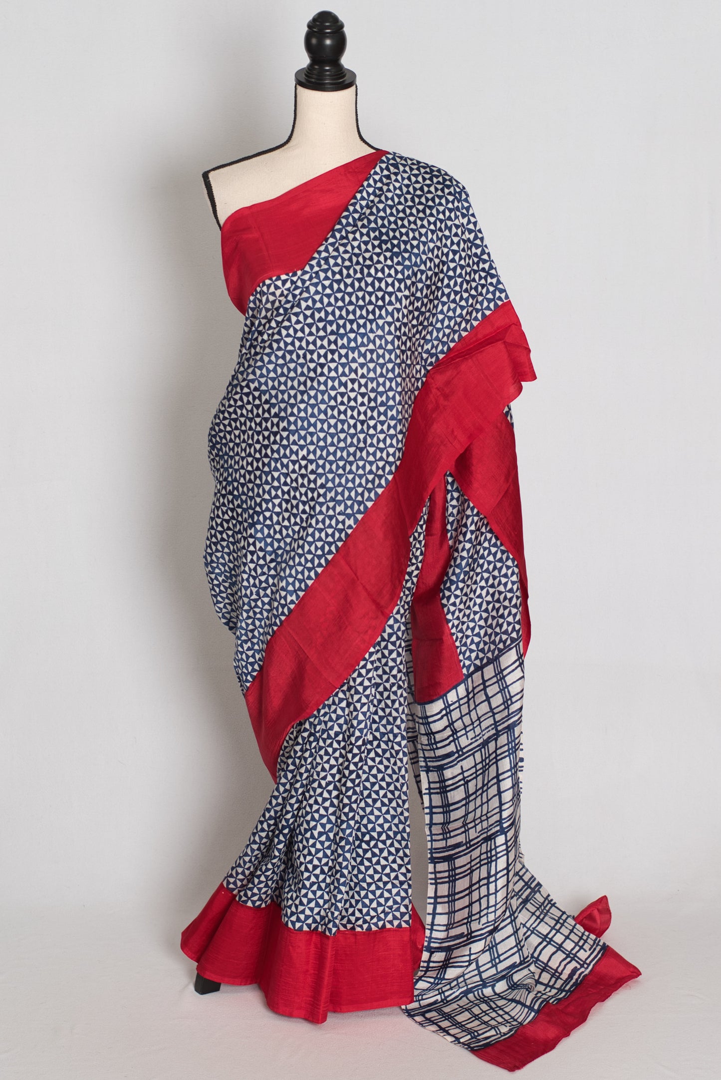 Arundhuti : Blue and Red Contemporary Hand Block Printed Murshidabad Silk Saree image 0