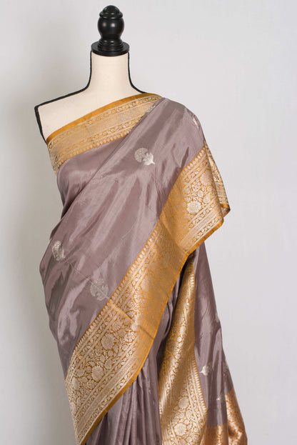 Basuri : Certified Silk Banarasi Saree in English Brown with Silver Zari image 6