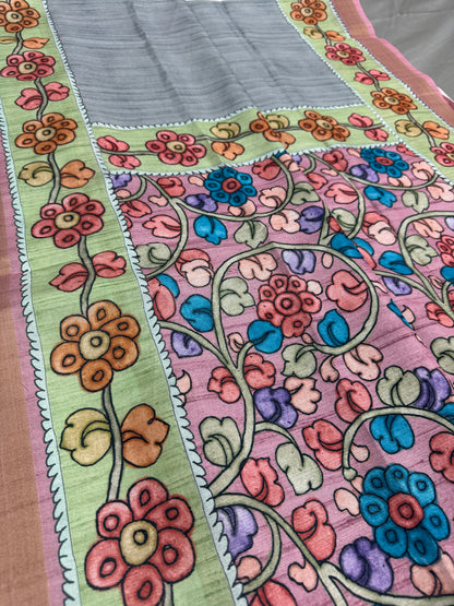Nisha: Steel Gray & Dusty Pink Semi Tussar Saree | Floral Kalamkari Print image 5