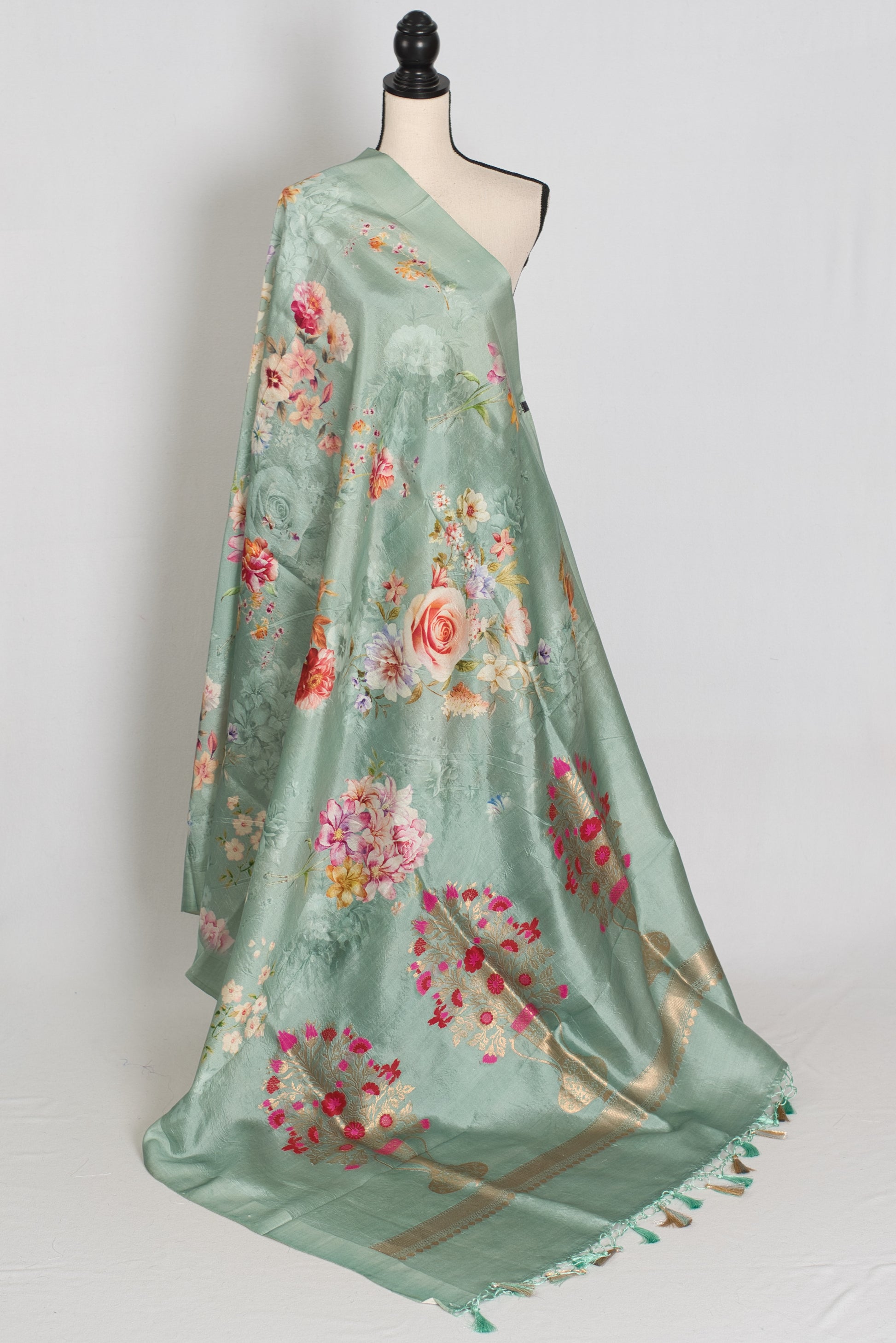 Soma : Sea Green Floral Banarasi Katan Silk Saree with 40 Size Stitched Blouse image 3