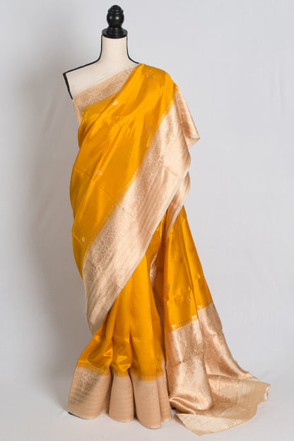 Swarnima : Silk Mark Certified Golden Yellow and Cream Satin Silk Banarasi Saree image 0