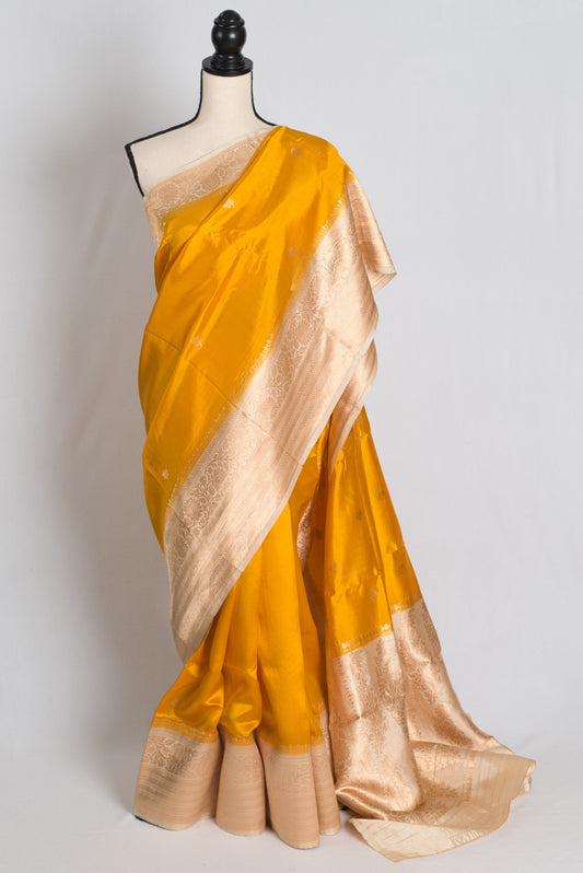 Swarnima : Silk Mark Certified Golden Yellow and Cream Satin Silk Banarasi Saree image 0