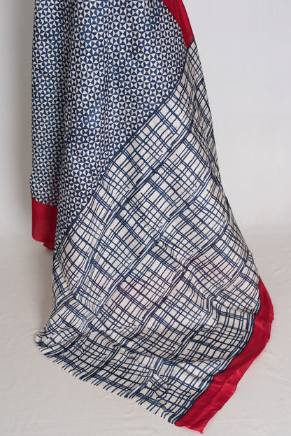 Arundhuti : Blue and Red Contemporary Hand Block Printed Murshidabad Silk Saree image 3