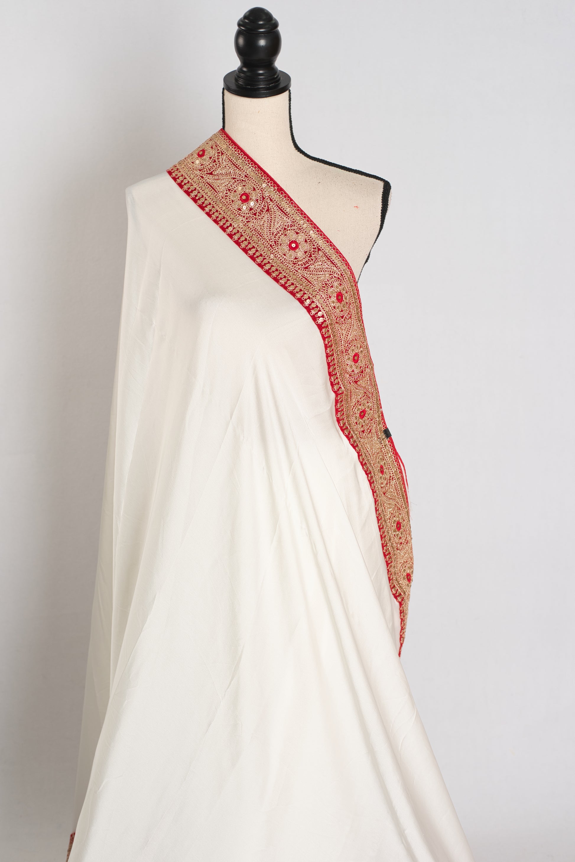 Farah : Off White and Red Patch Border Designer Satin Silk Partywear Saree image 3
