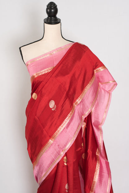 Roshni | Red & Pink Satin Katan Banarasi Silk Saree | Modern Floral Motifs image 6