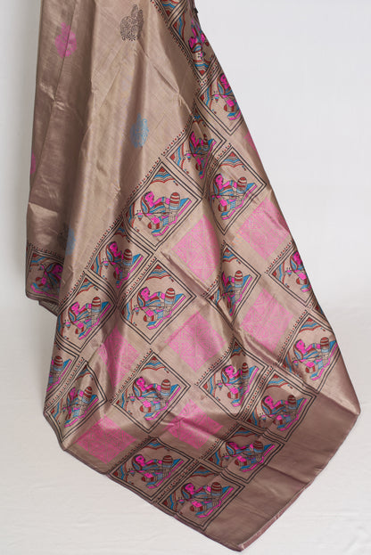 Ria | Ash Brown Hand Block Printed Bishnupur Silk Saree | 40 Size Blouse image 6
