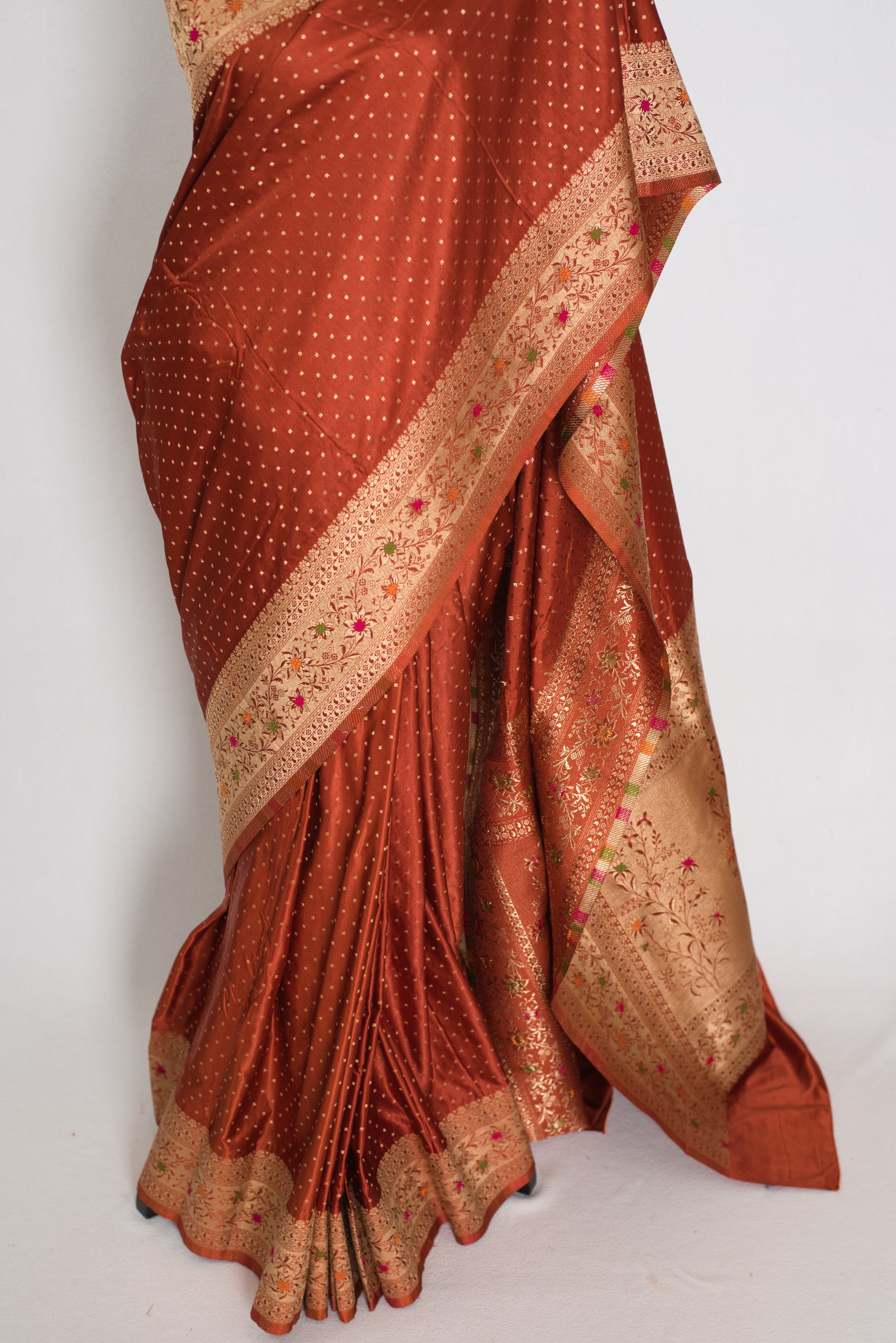 Nina | Rust Orange Semi Mashru Banarasi Saree | Pre-Stitched Size 40 Blouse image 6
