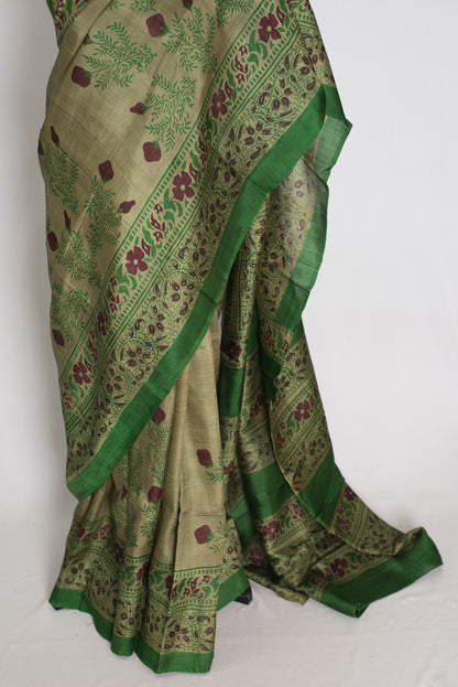 Shyamoli : Olive Green Hand Block Printed Murshidabad Pure Silk Saree image 6