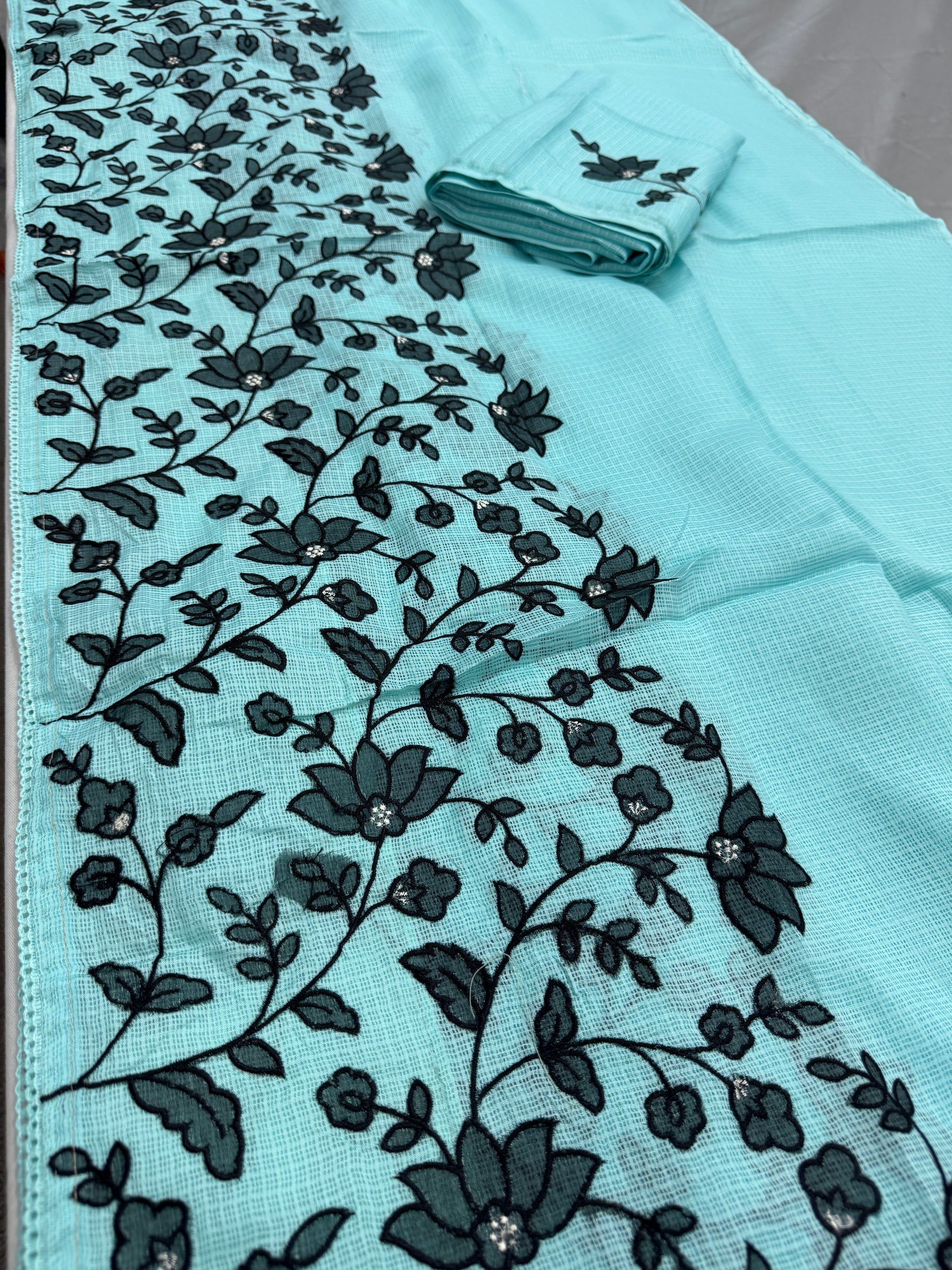 Dhriti | Turquoise Blue & Black Semi Kota Silk Saree | Artistic Floral Appliqué image 3