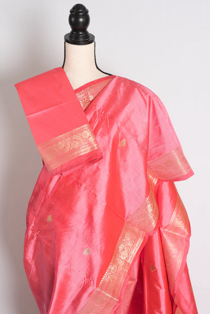 Farah: Pink and Gold Katan Silk Banarasi Saree with Blouse Piece image 2