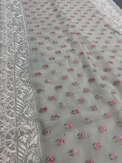 Siya | Light Sage Green Georgette Partywear Saree | Pastel Floral Embroidery image 6