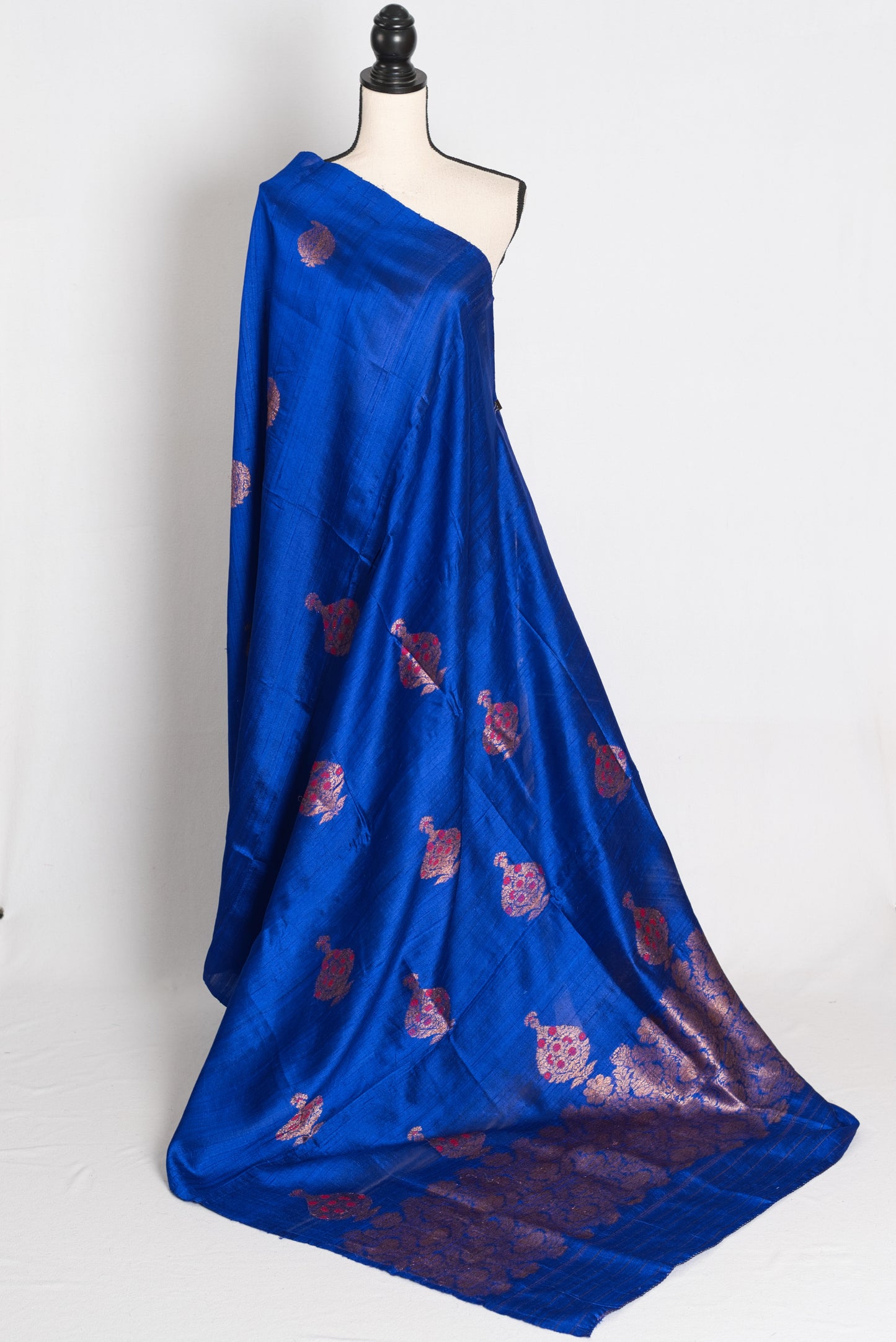 Tia : Royal Blue Borderless Pure Raw Silk Banarasi Saree | Antique Gold Zari image 1