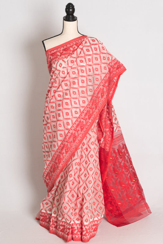 Ila : White and Red Blended Soft Cotton Bengali Jamdani Saree image 0