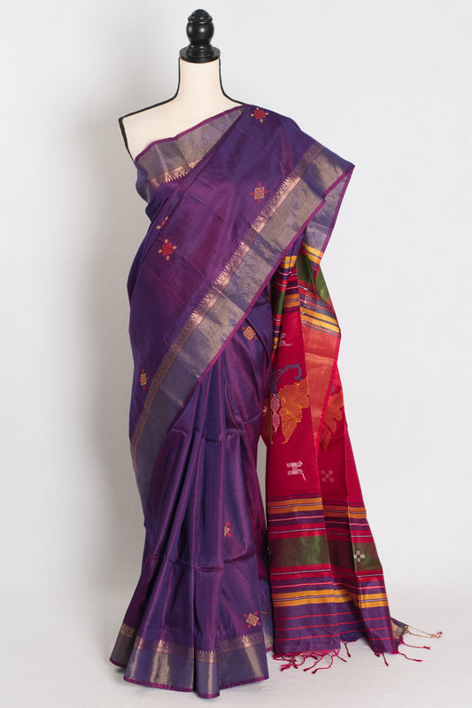 Pritha : Lightweight Bishnupur Katan Silk Saree in Purple and Red image 0
