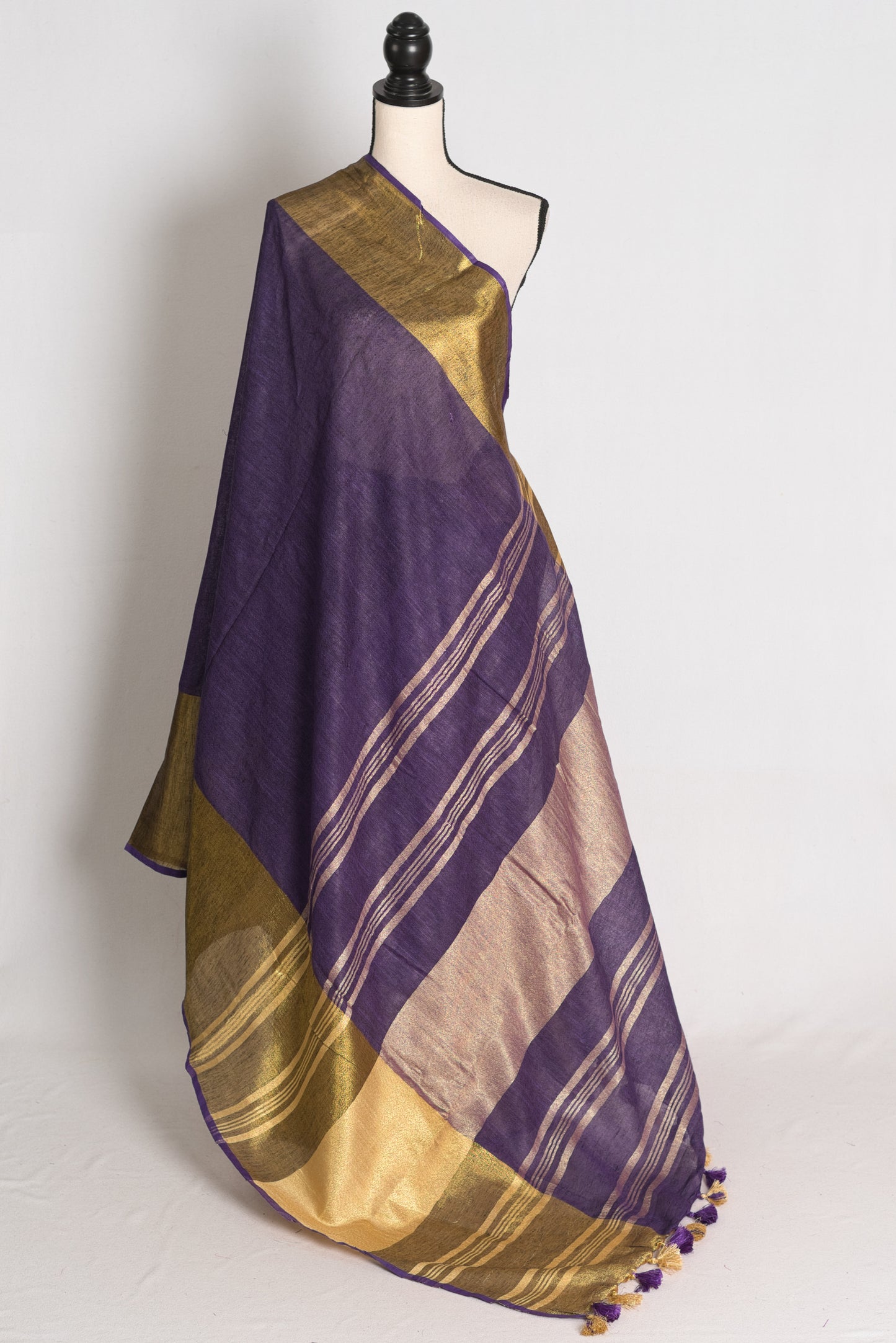 Sreya : Royal Purple Pure Linen Saree with Wide Antique Gold Zari Border image 1