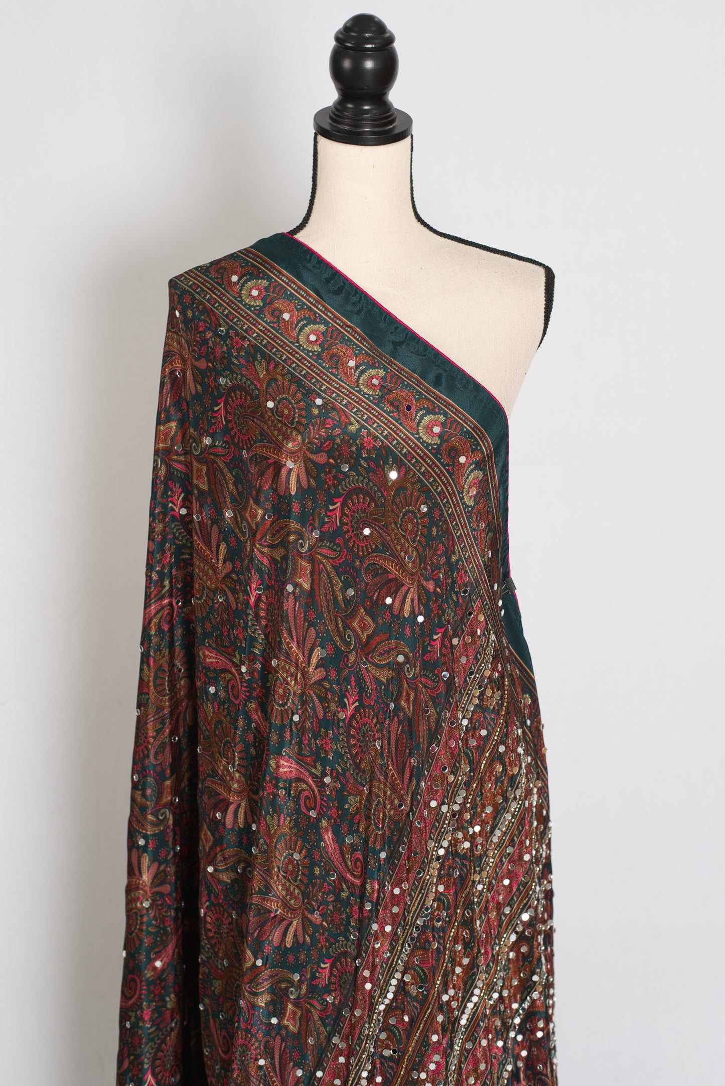 Sneha | Dark Green Kalamkari Printed Mirror Work Saree | Semi Modal Silk image 4