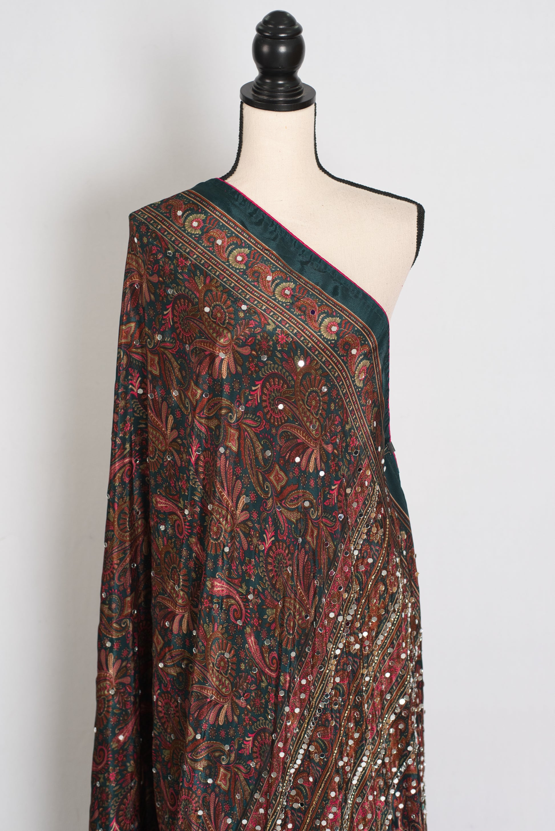Sneha | Dark Green Kalamkari Printed Mirror Work Saree | Semi Modal Silk image 4