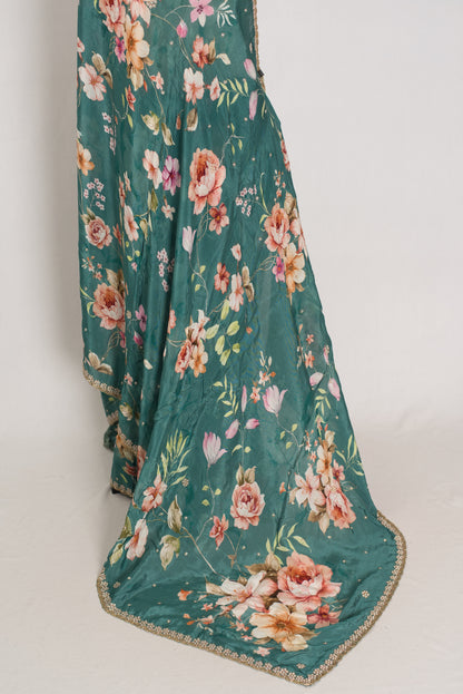 Afrin: Teal Floral Chinon Crepe Saree with Hand-Embroidered Pearl Border image 3