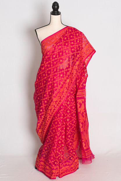 Nagma : Pink and Orange Soft Blended Cotton Jamdani Saree image 0