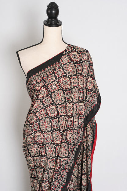 Trisha : Black and Red Semi Modal Silk Ajrakh Saree with Hand-Pasted Mirrors image 6
