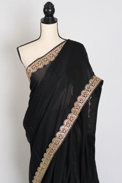 Farah : Designer Glass Tissue Black Partywear Saree with Patched Gold Border image 5