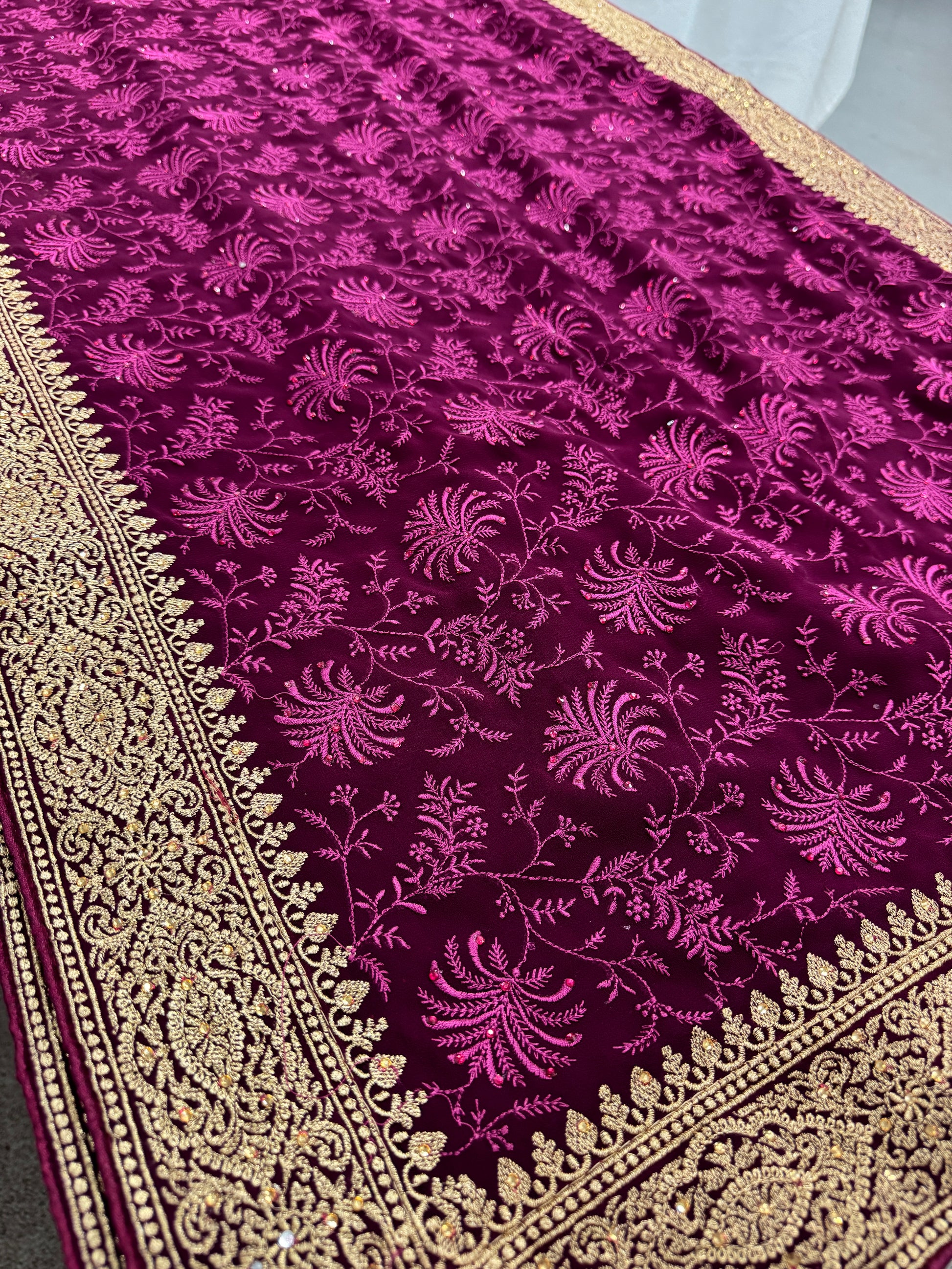 Ishq | Wine Georgette Partywear Saree | Trending Bollywood Floral Embroidery image 5