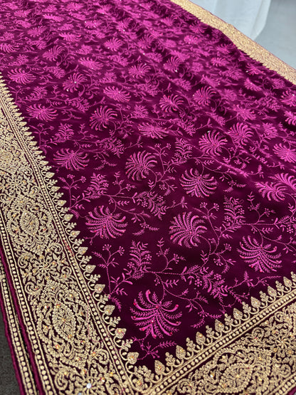 Ishq | Wine Georgette Partywear Saree | Trending Bollywood Floral Embroidery image 5