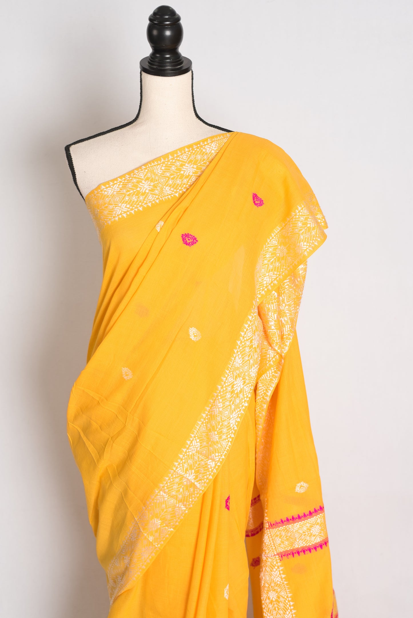 Sanya : Bright Yellow Pure Cotton Assamese Handloom Saree image 3