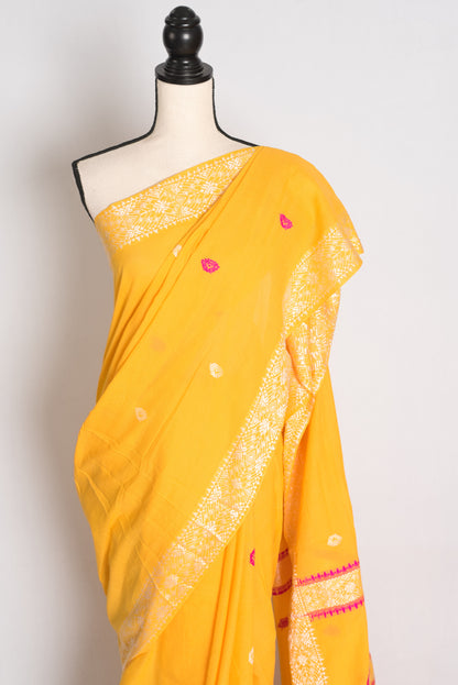Sanya : Bright Yellow Pure Cotton Assamese Handloom Saree image 3