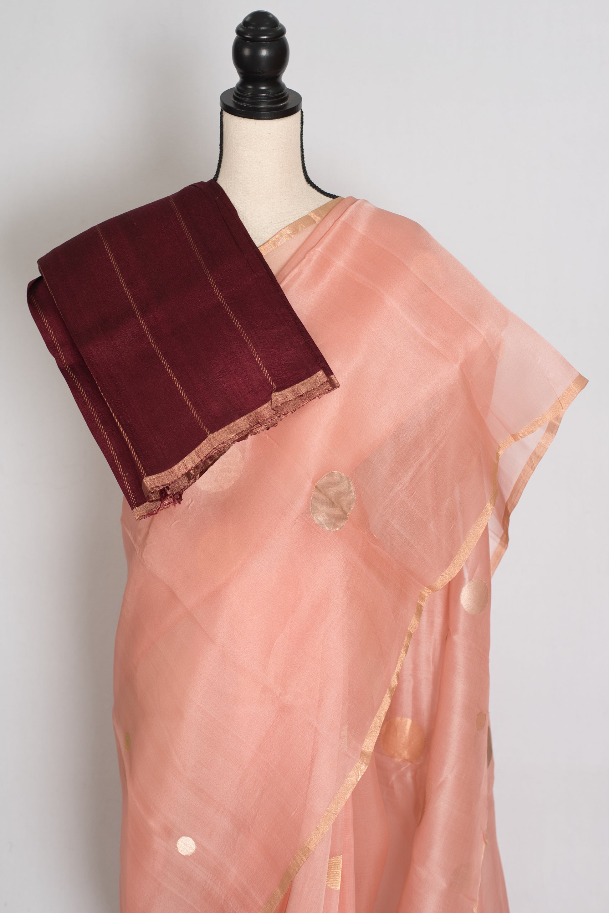 Medha : Peachy Pink Polka Dot Handwoven Kora Banarasi Silk Saree | Silk Mark image 2