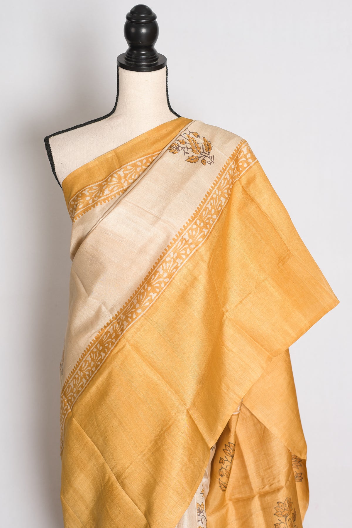 Trisha : Cream and Mustard Yellow Hand Block Printed Pure Tussar Silk Saree image 6