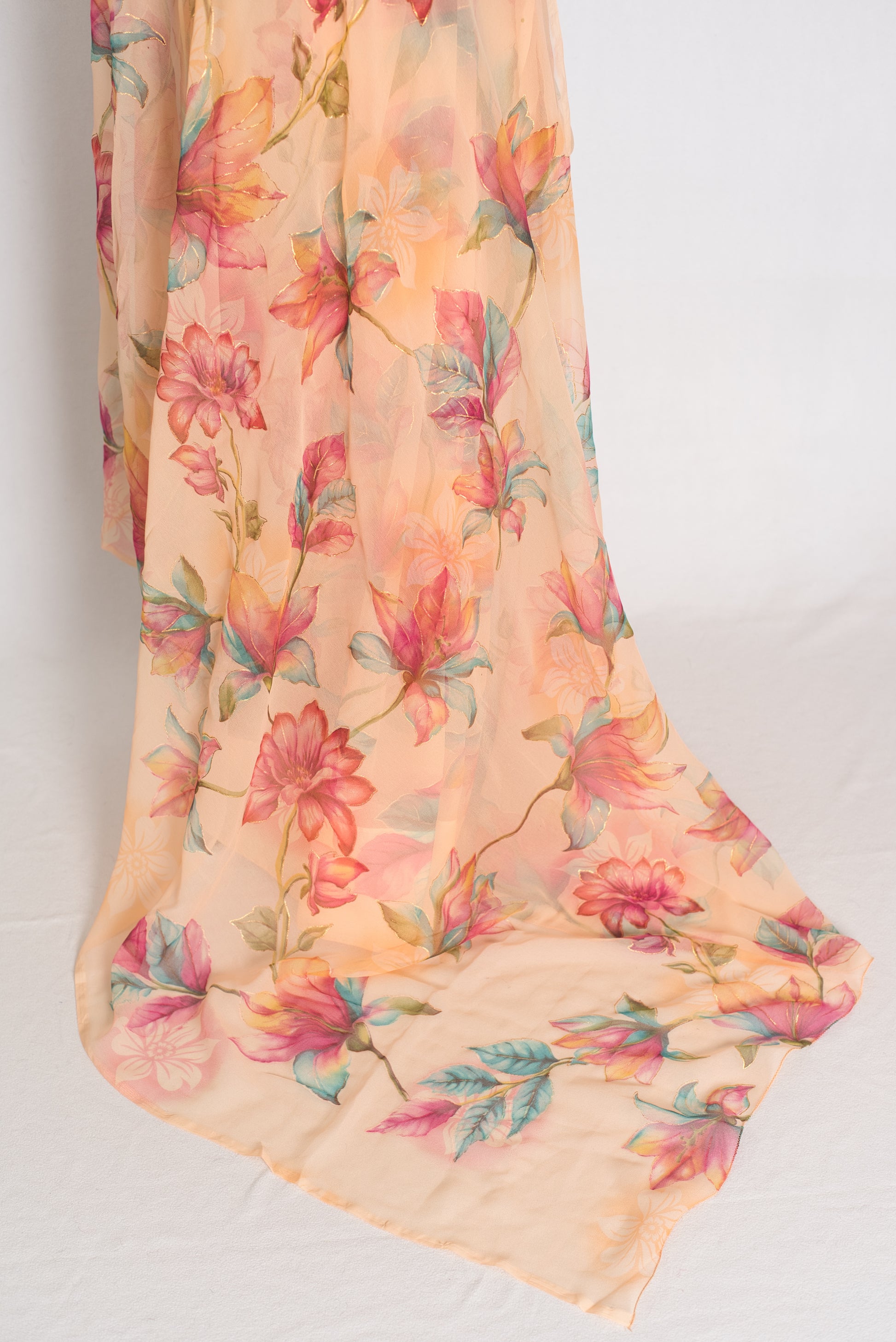 Diya : Soft Peach Floral Printed Chiffon Saree - Budget-Friendly Summer Drape image 2