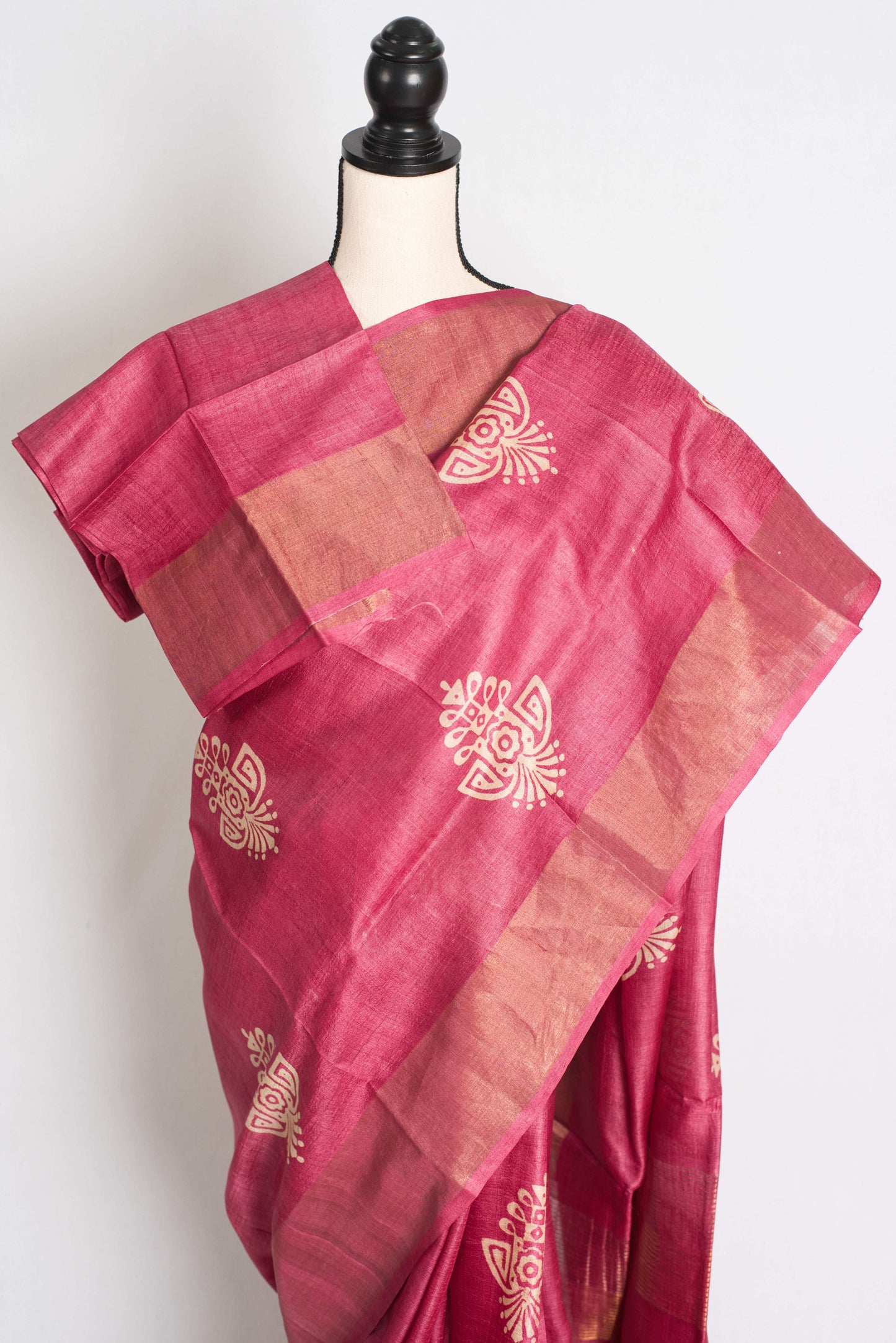 Sudha: Hand Block Printed Pink Tussar Silk Saree with Gold Muted Border image 2