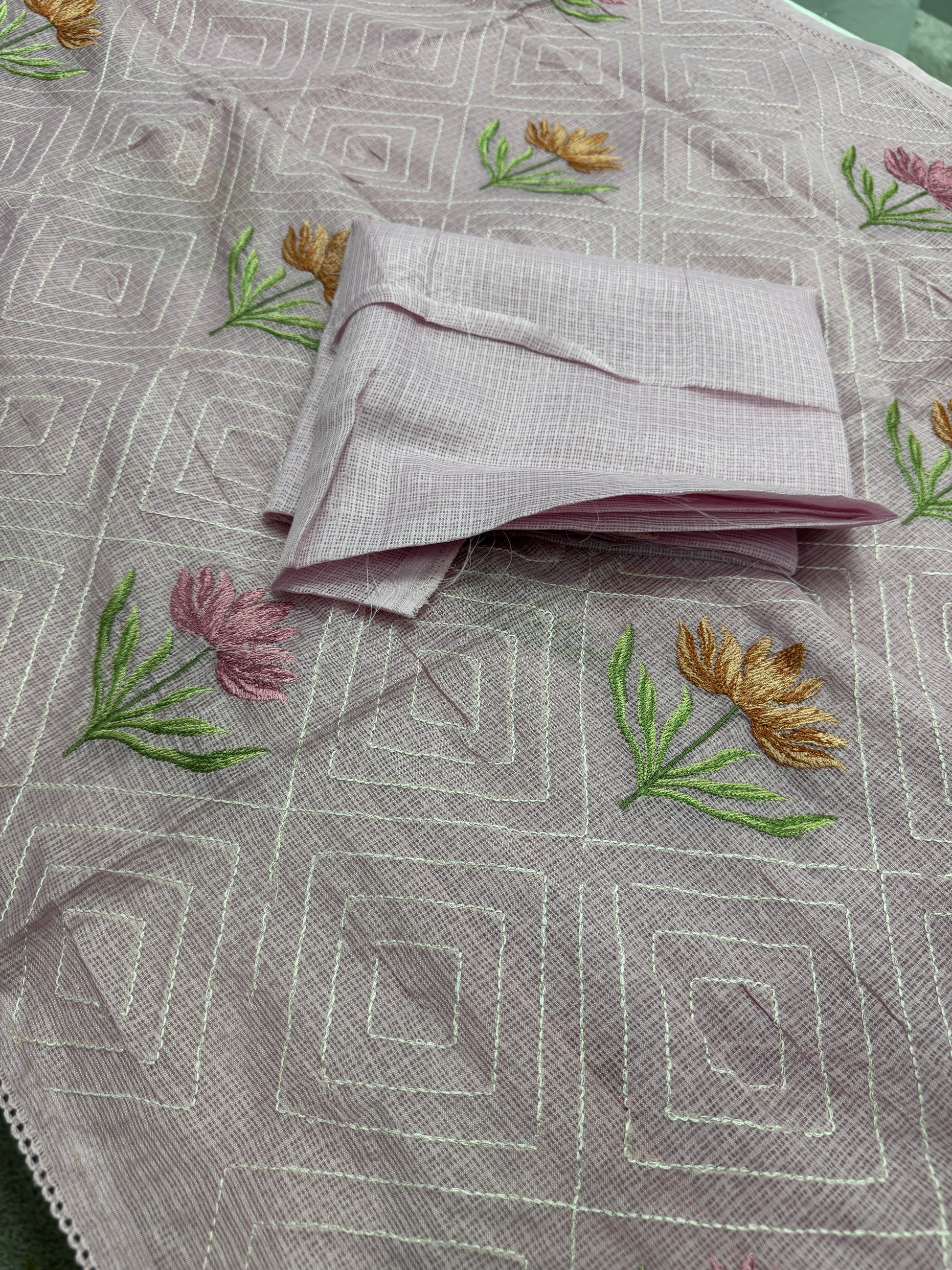 Laila | Soft Lavender Semi Kota Silk Saree | Pastel Floral Machine Embroidery image 2