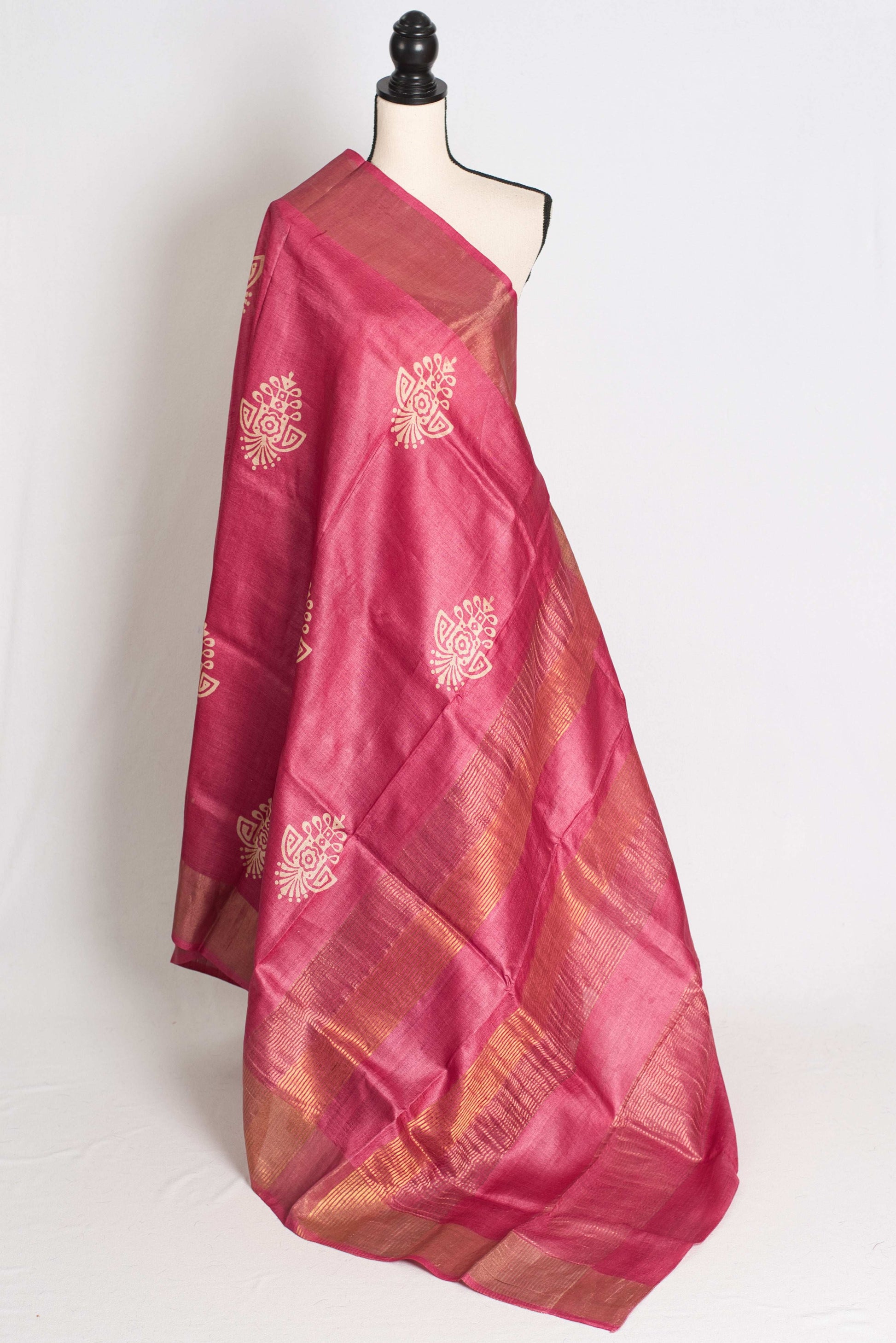 Sudha: Hand Block Printed Pink Tussar Silk Saree with Gold Muted Border image 1