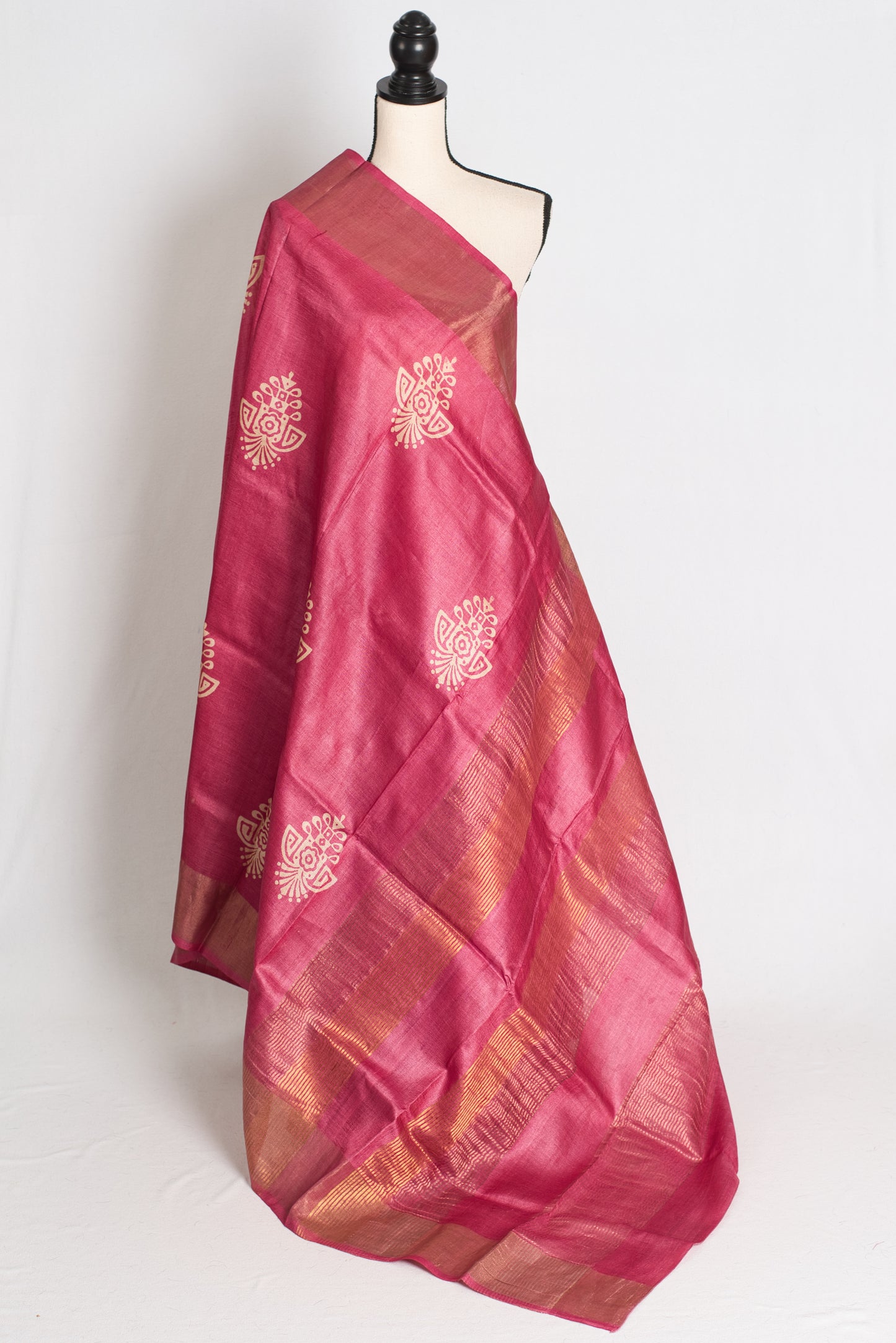 Sudha: Hand Block Printed Pink Tussar Silk Saree with Gold Muted Border image 1