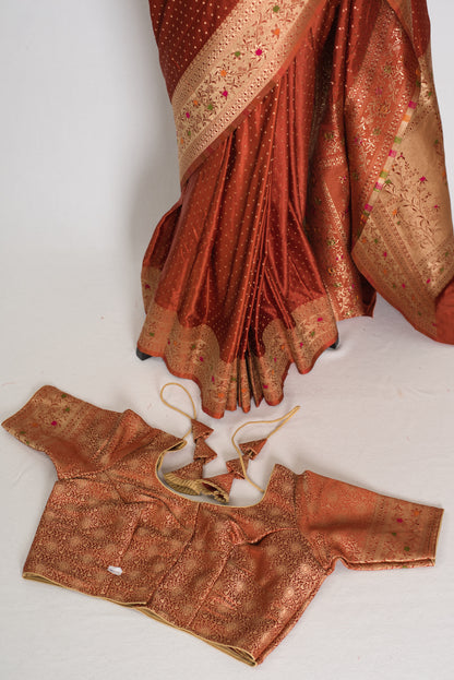 Nina | Rust Orange Semi Mashru Banarasi Saree | Pre-Stitched Size 40 Blouse image 1
