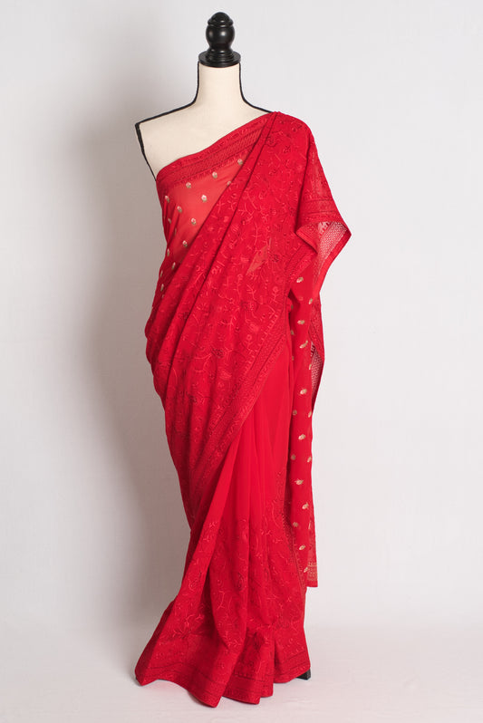 Laalima - Bright Red Kashmiri Georgette Embroidered Saree image 0