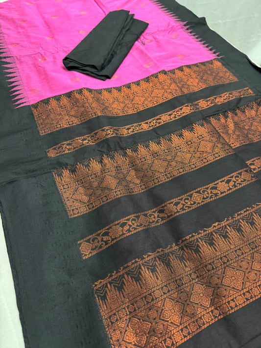 Madhubala : Blended Cotton Gadwal Saree in Lotus Pink and Black image 0