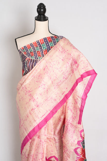Dhriti : Cream and Pink Contemporary Floral Crack Batik Pure Silk Saree image 6