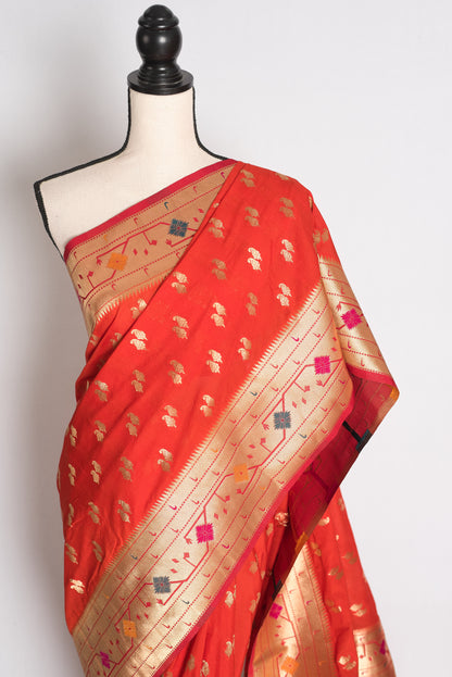 Vaishnavi: Orange and Gold Semi Silk Paithani Saree image 5