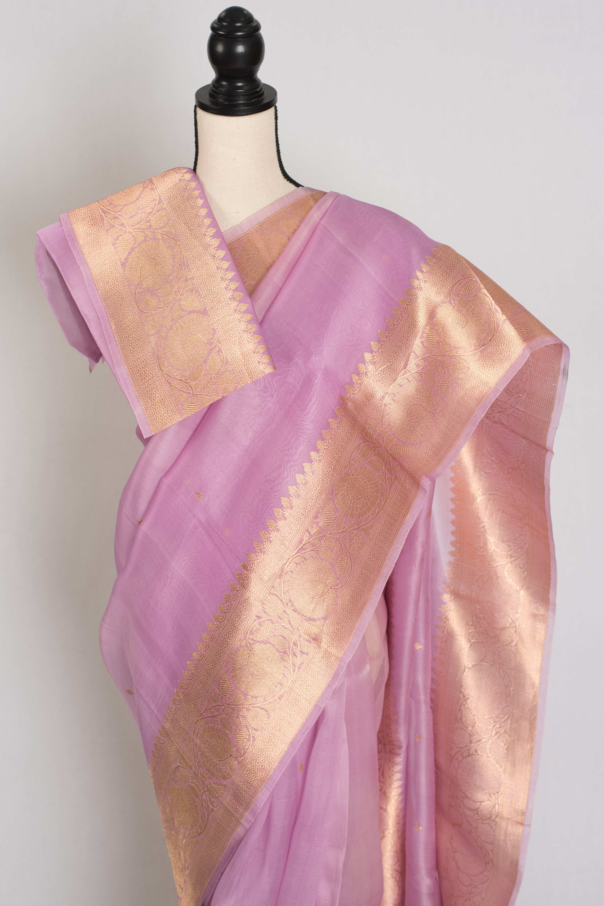 Afrin : Silk Mark Certified Mauve Kora Organza Banarasi Saree with Golden Zari image 2