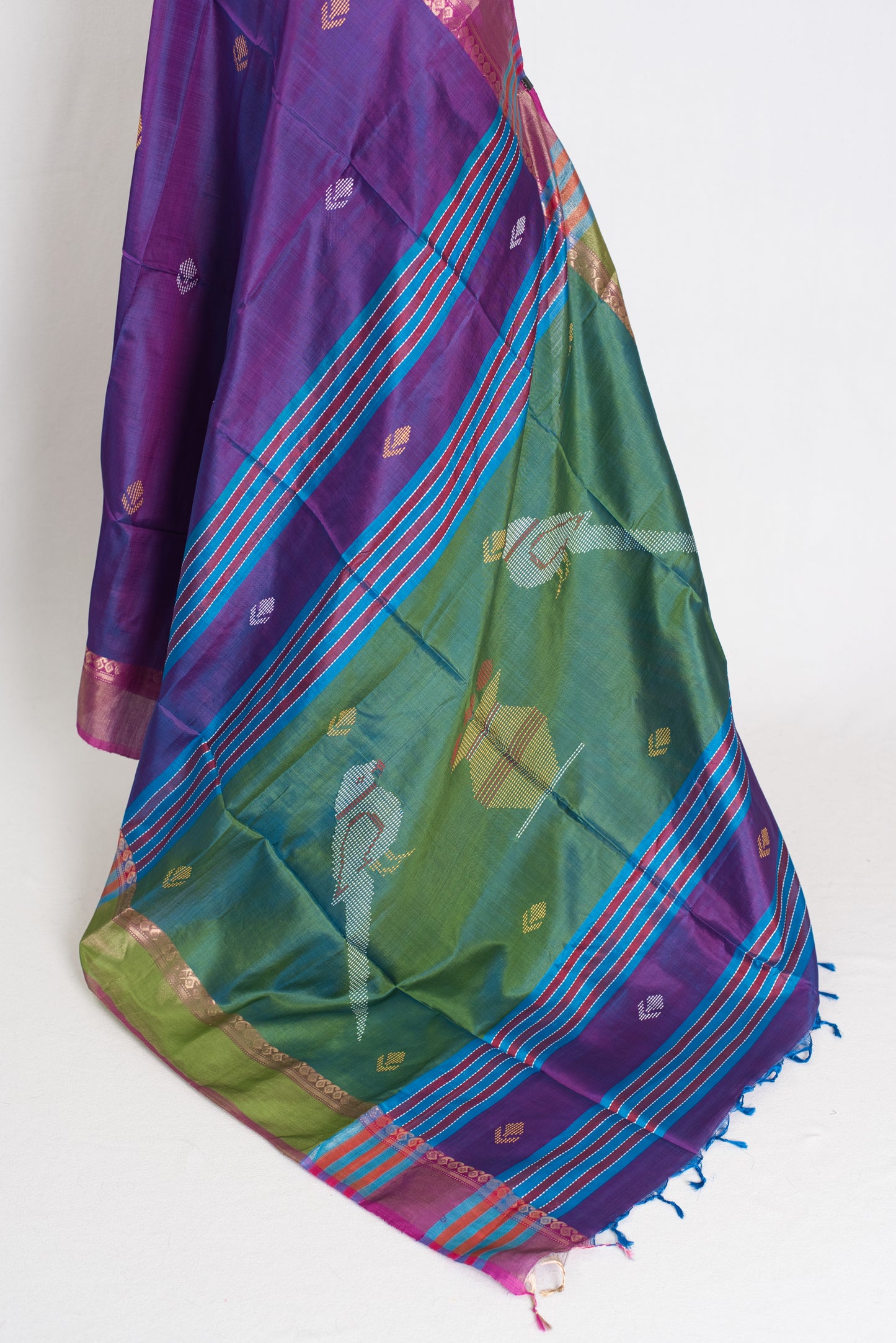Bani : Lightweight Bishnupur Katan Silk Saree in Purple and Green image 3
