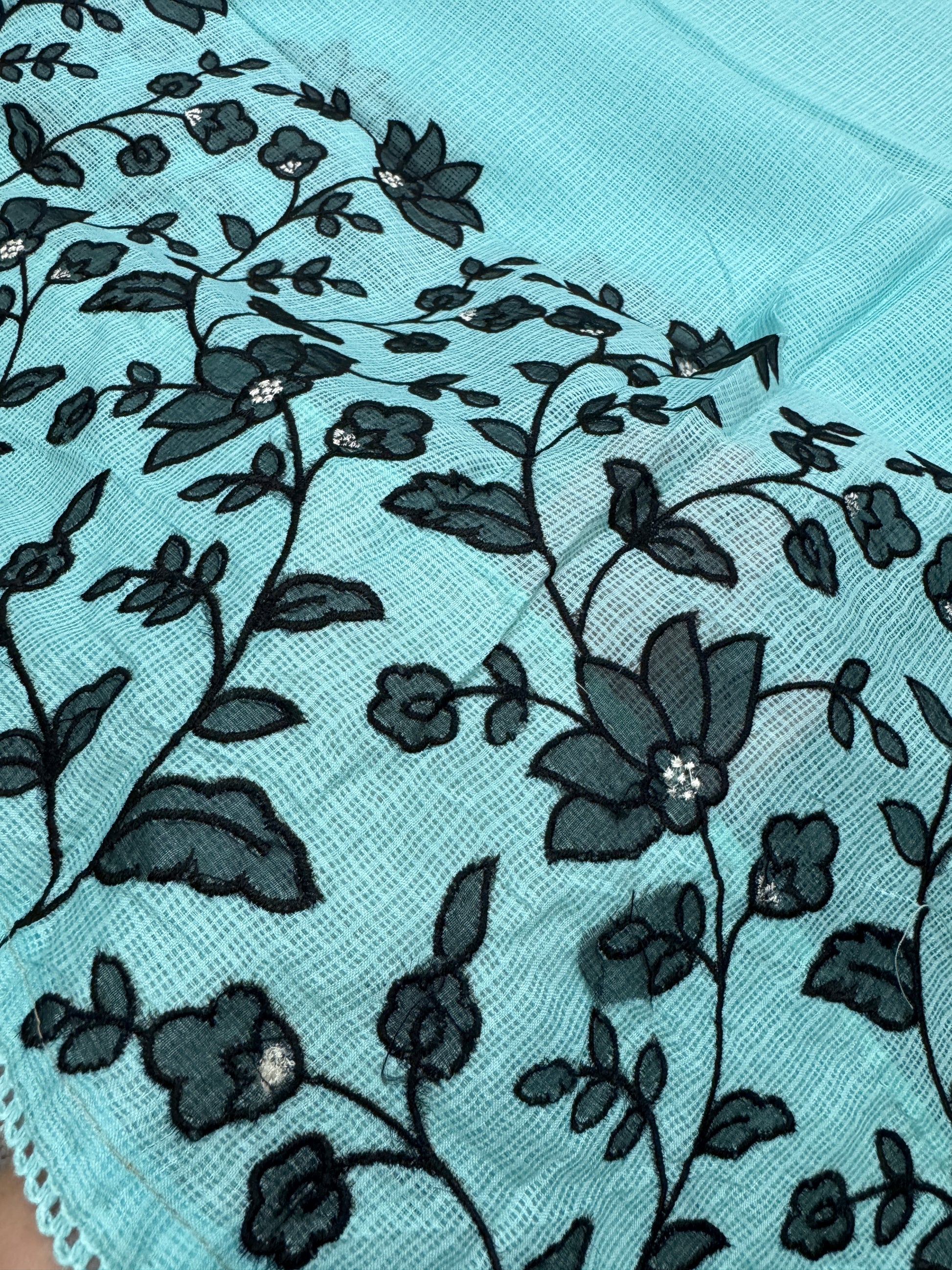 Dhriti | Turquoise Blue & Black Semi Kota Silk Saree | Artistic Floral Appliqué image 4