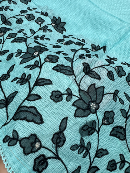 Dhriti | Turquoise Blue & Black Semi Kota Silk Saree | Artistic Floral Appliqué image 4
