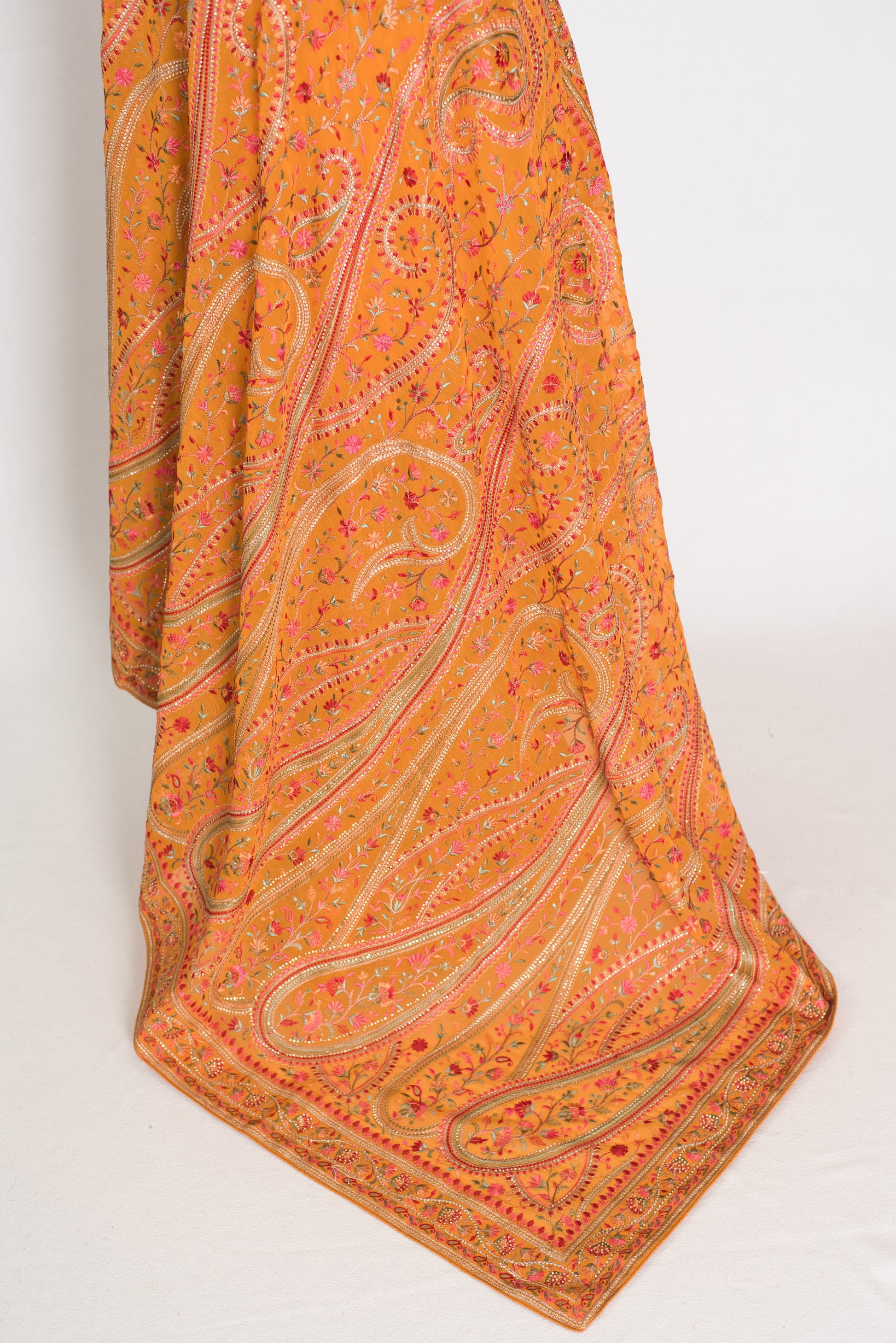Haldi | Turmeric Yellow Georgette Saree | All-Over Kashmiri Embroidery image 5