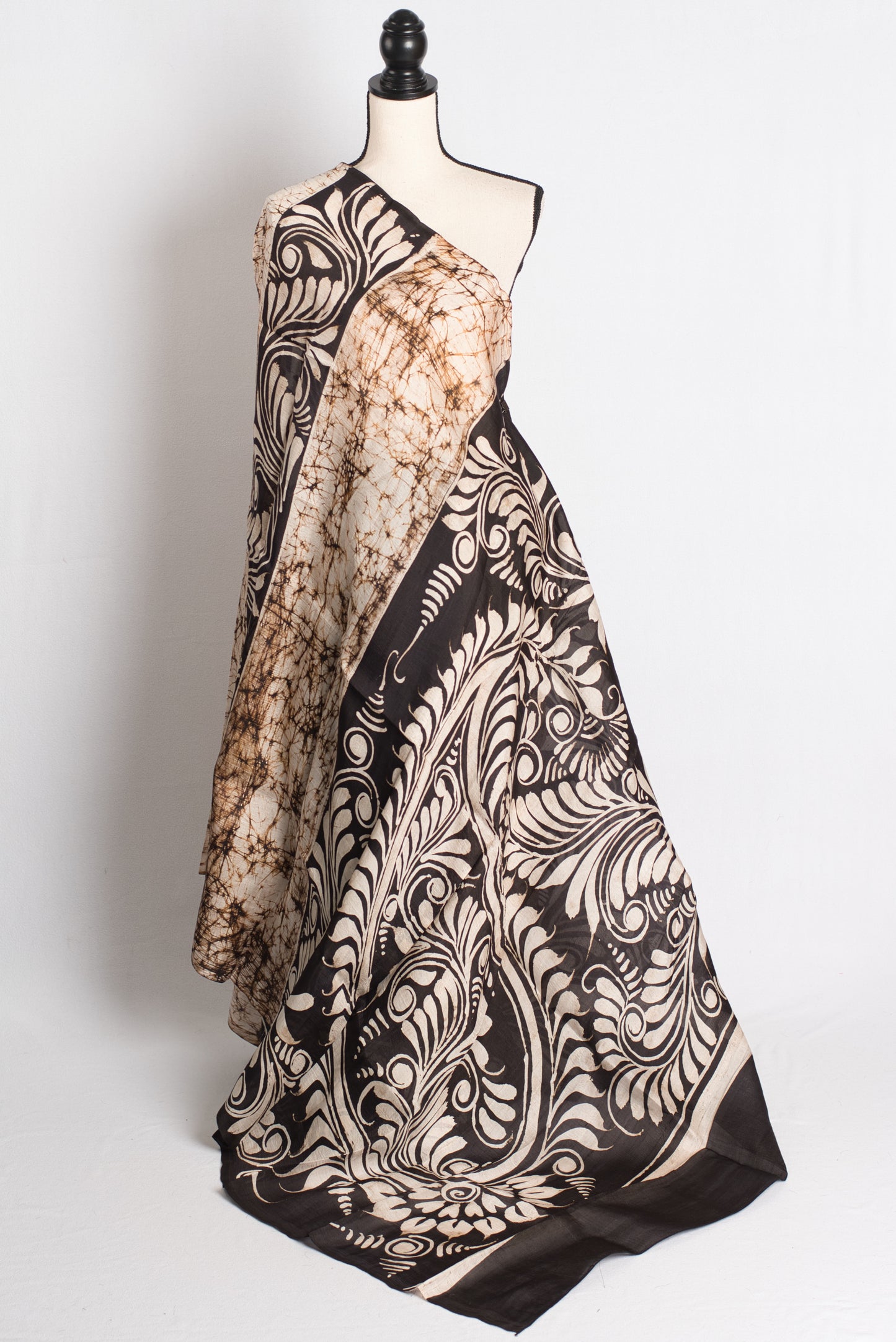 Vritti - Cream and Black Batik Handcrafted Pure Silk Saree image 1